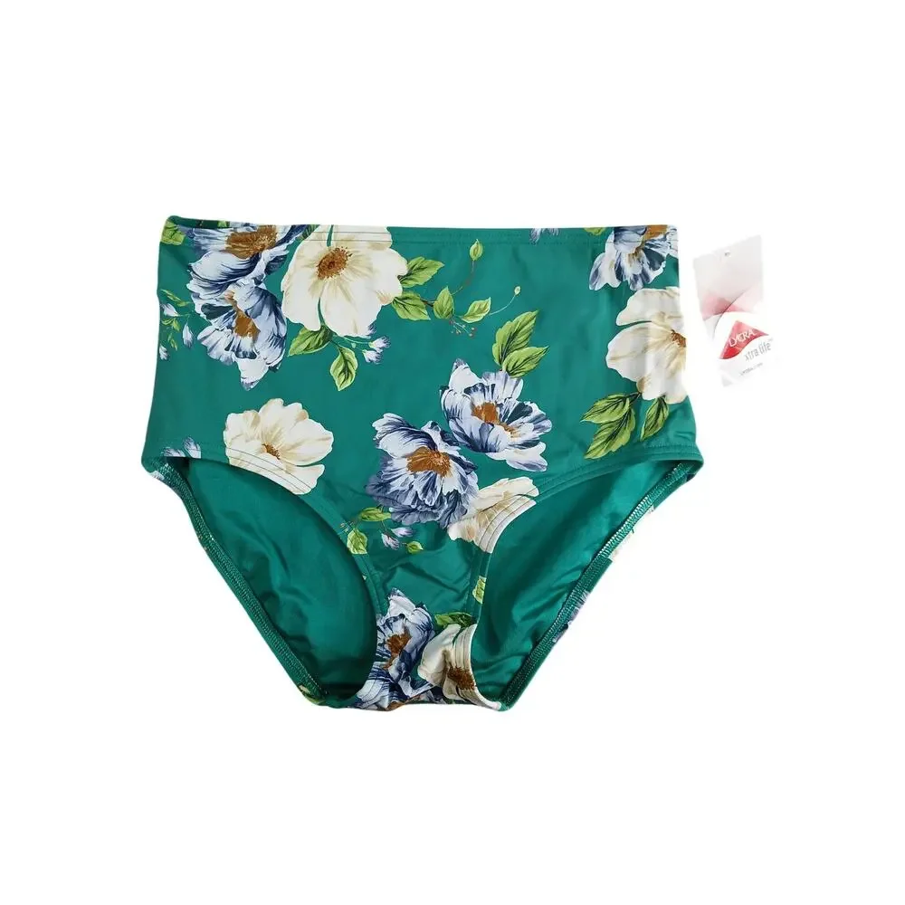 Lands' End Lycra Swim Bottoms Womens 8 Medium Green High Rise Floral Bikini NWT